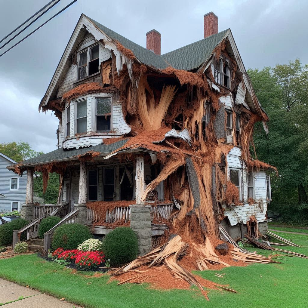 Damaged tree on an Westmont home showing signs of disease and decay
